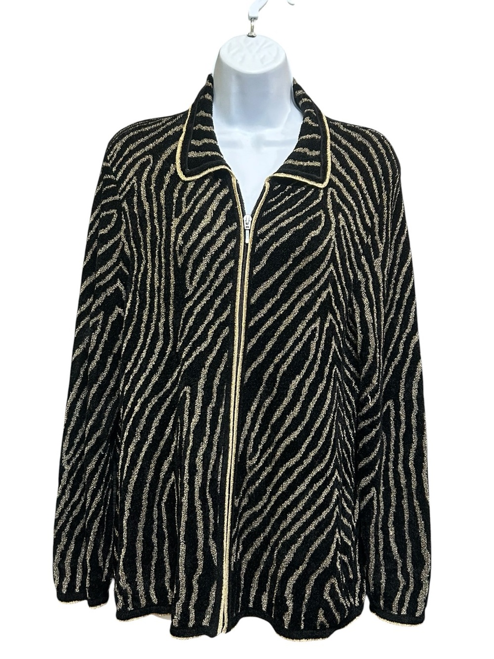 TanJay Black Gold Metallic Animal Stripe Zip Front Knit Cardigan Size M